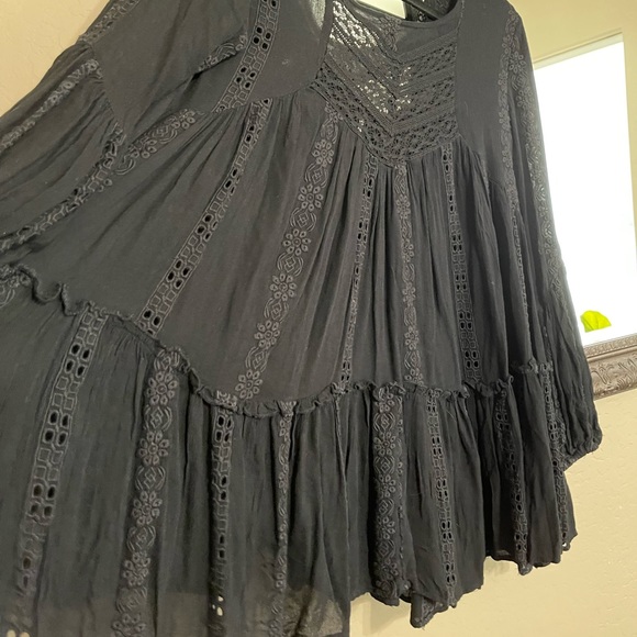 Free People Embroidered Black lace long sleeve Tunic Top Dress XS - Picture 3 of 9